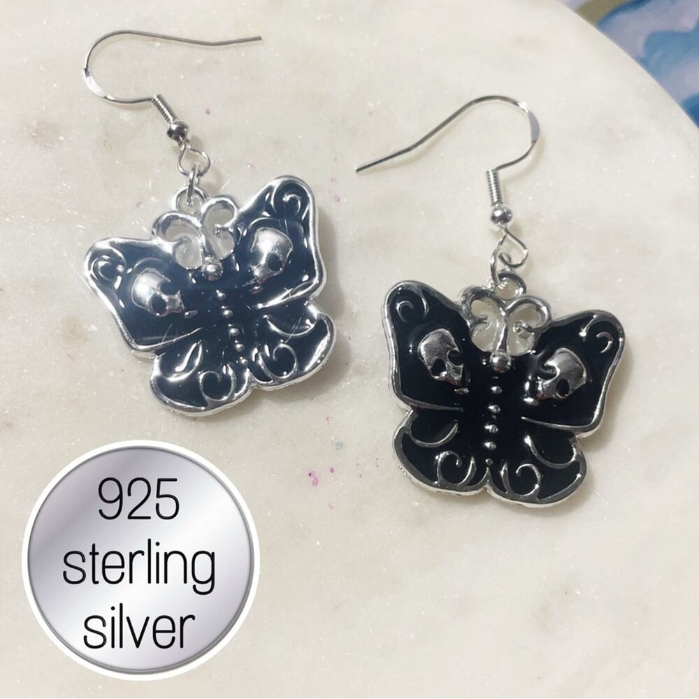 925 Sterling Silver gothic Halloween skull Butterfly Earrings